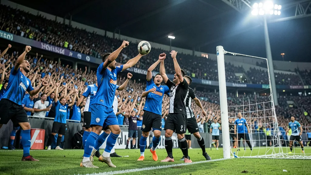 Imagem gerada por IA: Jogadores comemoram um gol em campo diante de torcedores nas arquibancadas.