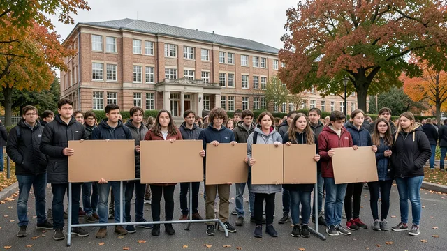 Imagem gerada por IA: Estudantes se reúnem em protesto diante de uma escola pública em Saint-Denis, na França.