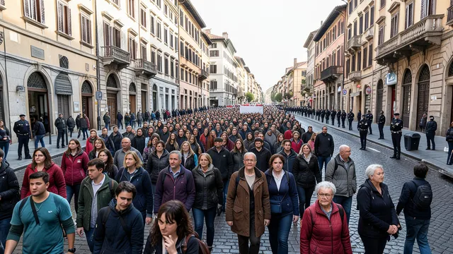 Imagem gerada por IA: Manifestantes caminham por uma rua de uma cidade italiana durante protesto.