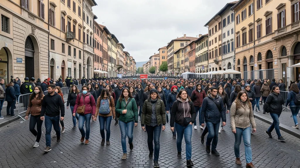 Imagem gerada por IA: Estudantes e trabalhadores participam de uma manifestação em uma avenida de uma cidade italiana.