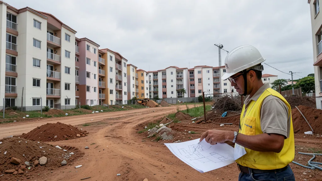 Imagem gerada por IA: Conjunto habitacional de baixa renda em construção no Brasil.