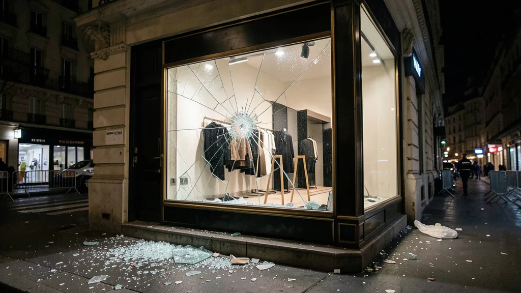 Imagem gerada por IA: Vitrine quebrada de uma loja de luxo em uma rua de Paris após tumultos.