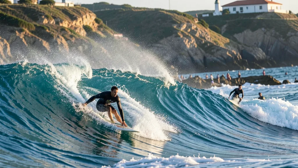 Imagem gerada por IA: Surfista executa uma manobra em uma onda durante competição na costa de Peniche.
