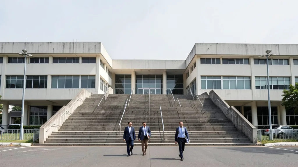 Imagem gerada por IA: Advogados caminham em direção à entrada de um prédio da Justiça.