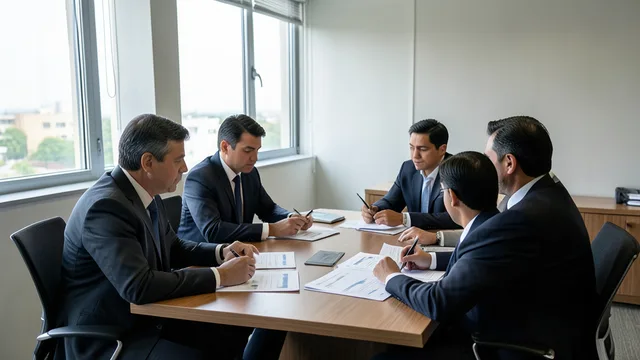 Imagem gerada por IA: Representantes discutem um plano de recuperação judicial em uma sala de reuniões.