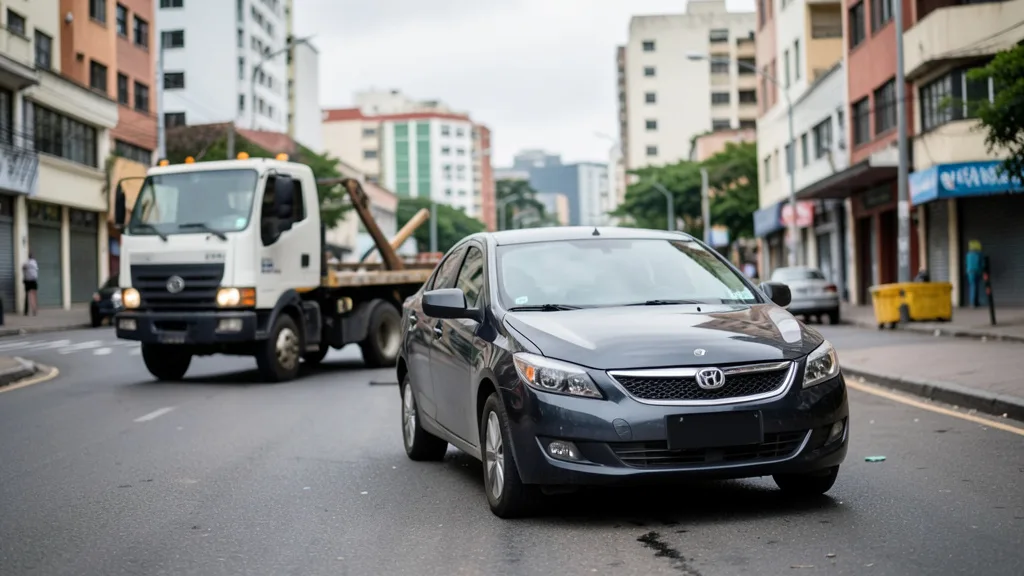 Imagem gerada por IA: Carro sendo removido por um guincho em uma rua urbana