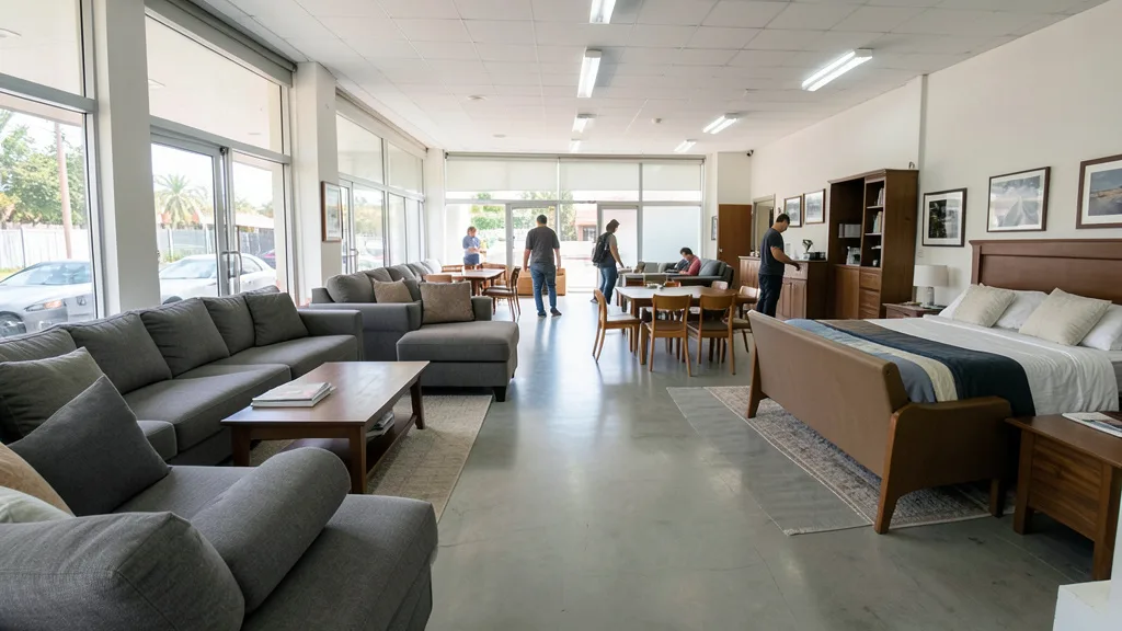 Imagem gerada por IA: Interior de uma loja de móveis com sofás, mesas e outros produtos em exposição.