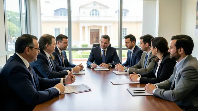 Imagem gerada por IA: Empresários e representantes da sociedade civil analisam um documento em uma reunião formal.