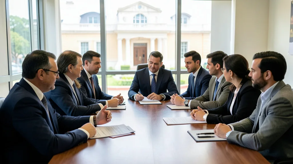 Imagem gerada por IA: Empresários e representantes da sociedade civil analisam um documento em uma reunião formal.