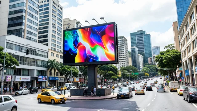 Imagem gerada por IA: Painel digital de publicidade em uma avenida de Porto Alegre, com prédios e carros ao fundo.