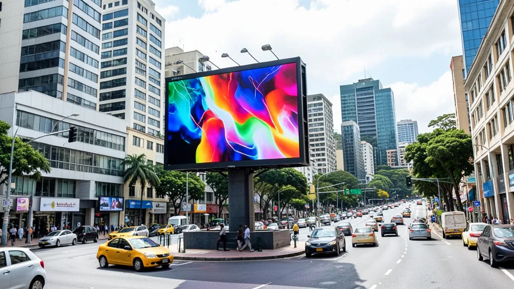 Imagem gerada por IA: Painel digital de publicidade em uma avenida de Porto Alegre, com prédios e carros ao fundo.