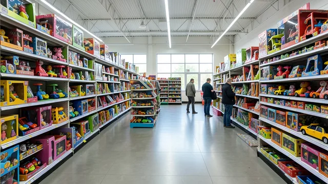Imagem gerada por IA: Corredores de uma loja de brinquedos com prateleiras coloridas e alguns clientes ao fundo.