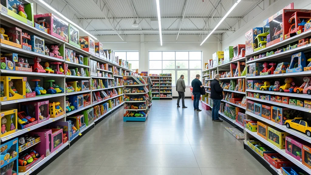 Imagem gerada por IA: Corredores de uma loja de brinquedos com prateleiras coloridas e alguns clientes ao fundo.