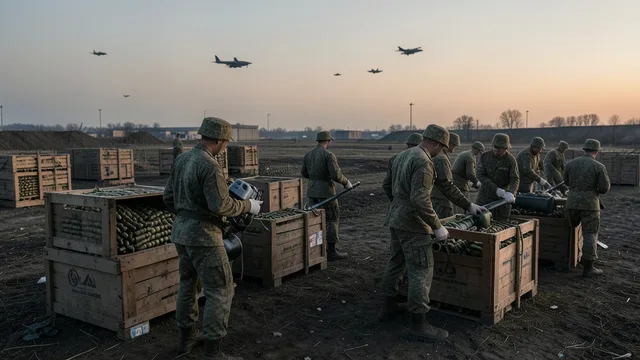 Imagem gerada por IA: Militares movimentam caixas de munição em uma área logística ao entardecer.