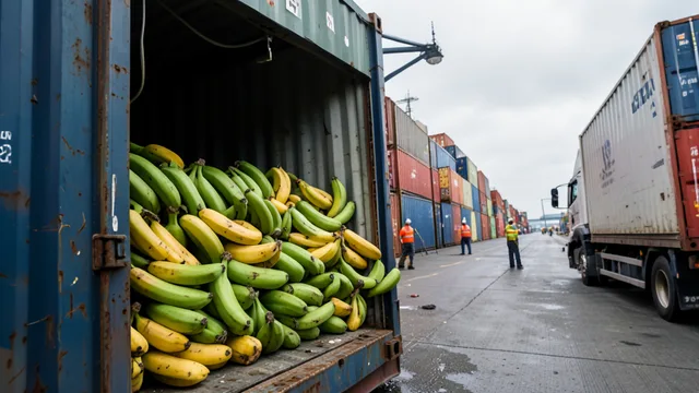 Imagem gerada por IA: Caixas de bananas descarregadas de um navio cargueiro em um porto, com contêineres e caminhões ao fundo.
