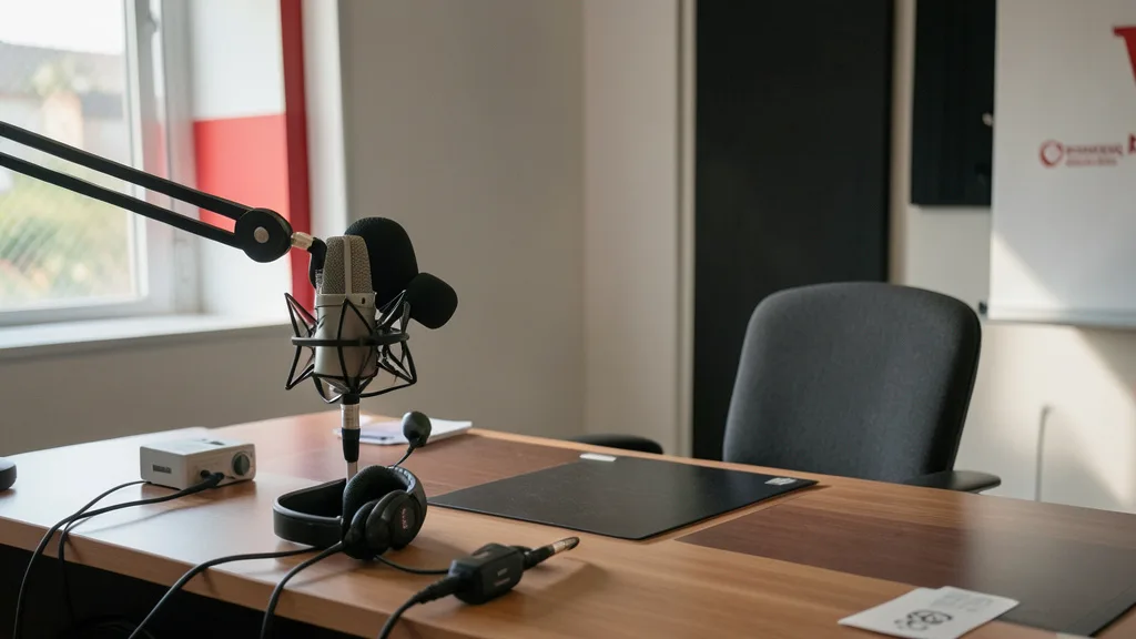 Imagem gerada por IA: Microfone e cadeira vazia em um estúdio de rádio esportiva em homenagem a um comunicador.