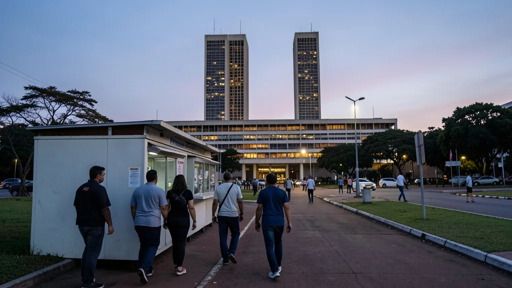 Imagem gerada por IA: Edifício do Senado Federal em Brasília ao entardecer, com eleitores deixando um local de votação.