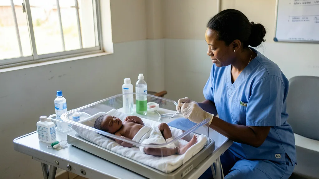 Imagem gerada por IA: Recém-nascido em uma clínica ao lado de materiais para vacinação contra hepatite B.