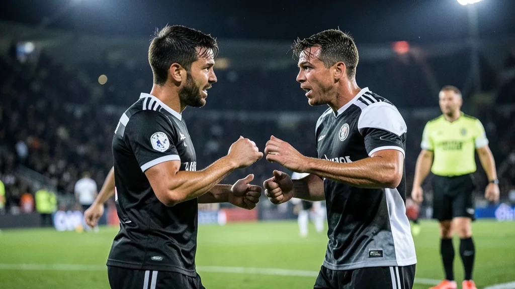 Imagem gerada por IA: Dois jogadores discutem em campo enquanto o árbitro acompanha a situação.