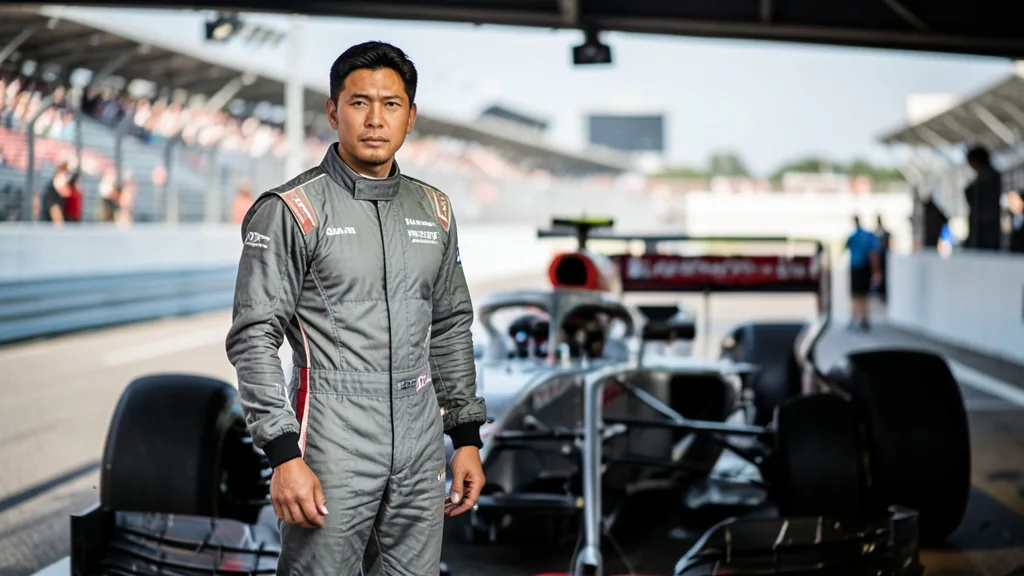 Imagem gerada por IA: Ryo Hirakawa ao lado de um carro de Fórmula 1 no pit lane do Autódromo Hermanos Rodríguez.