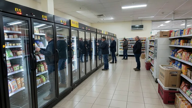 Imagem gerada por IA: Funcionários verificam equipamentos de refrigeração em um supermercado francês.