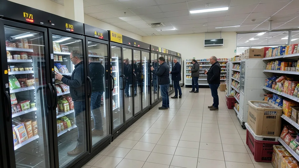 Imagem gerada por IA: Funcionários verificam equipamentos de refrigeração em um supermercado francês.
