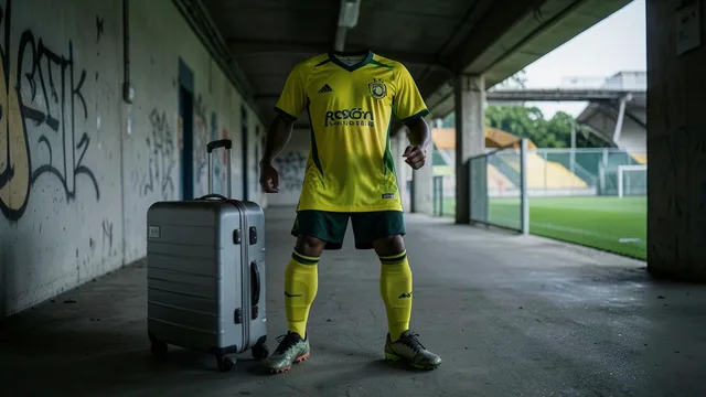 Imagem gerada por IA: Chuteiras e mala de viagem em um túnel de estádio, com o campo ao fundo.