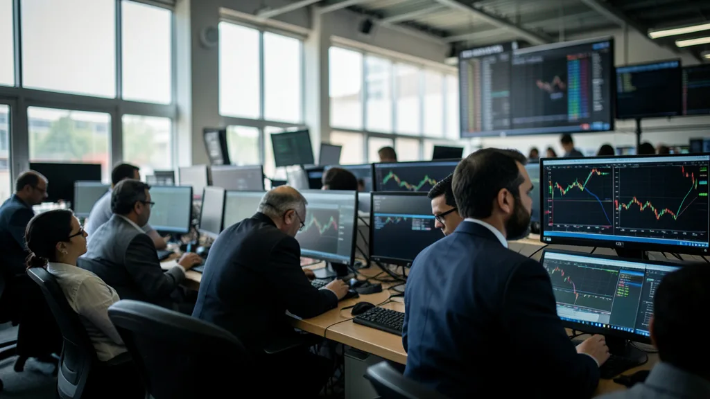 Imagem gerada por IA: Ambiente de mercado financeiro com operadores e telas de negociação ao fundo.