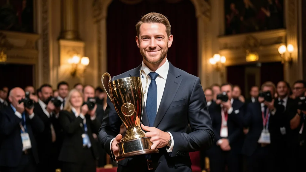 Imagem gerada por IA: Harry Kane segura o troféu da Bola de Ouro durante a cerimônia em Londres.