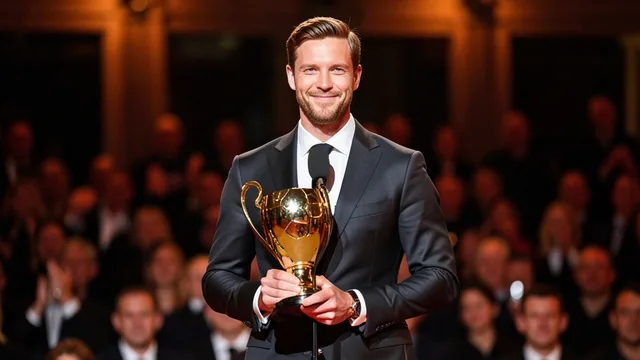 Imagem gerada por IA: Harry Kane segura um troféu dourado em uma cerimônia de premiação.