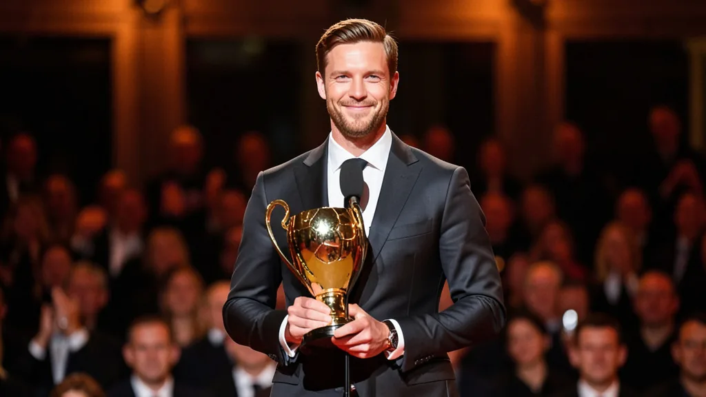 Imagem gerada por IA: Harry Kane segura um troféu dourado em uma cerimônia de premiação.