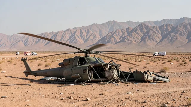 Imagem gerada por IA: Destroços de um helicóptero em uma paisagem árida perto da fronteira entre Arábia Saudita e Iêmen.