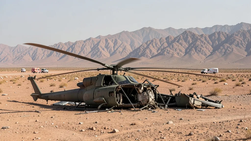 Imagem gerada por IA: Destroços de um helicóptero em uma paisagem árida perto da fronteira entre Arábia Saudita e Iêmen.