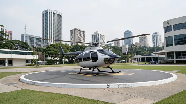 Imagem gerada por IA: Helicóptero parado em um heliponto de um complexo governamental em São Paulo.