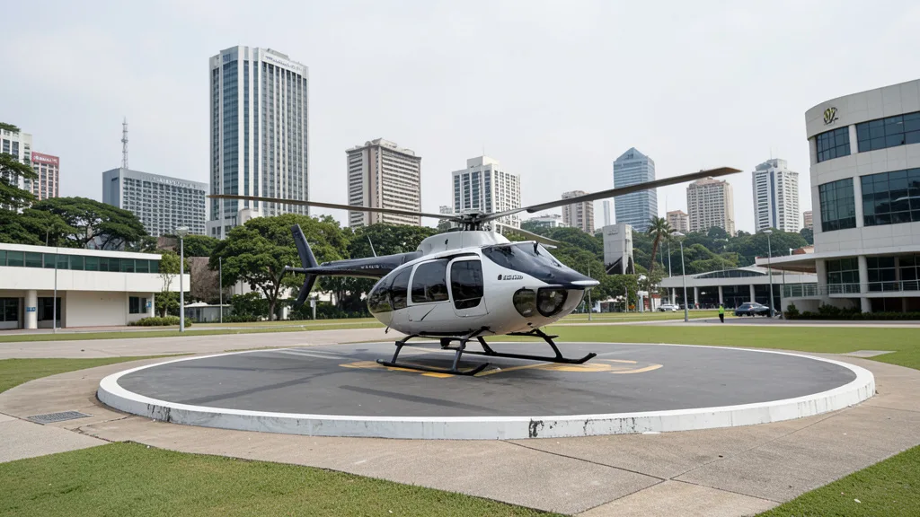 Imagem gerada por IA: Helicóptero parado em um heliponto de um complexo governamental em São Paulo.