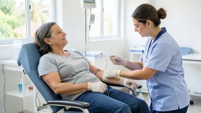 Imagem gerada por IA: Profissional de saúde coleta sangue de um doador em uma poltrona de hemocentro.