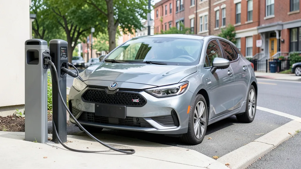 Imagem gerada por IA: Carro híbrido plug-in conectado a um carregador em uma residência.
