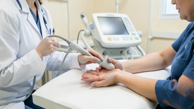 Imagem gerada por IA: Profissional de saúde examina o punho de um paciente com aparelho de ultrassom.