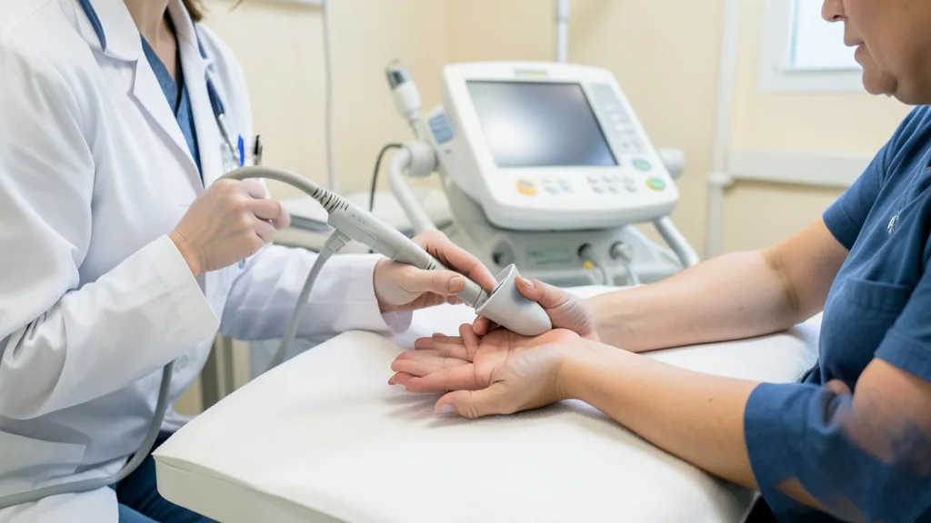 Imagem gerada por IA: Profissional de saúde examina o punho de um paciente com aparelho de ultrassom.