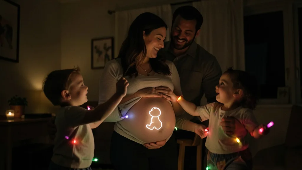 Imagem gerada por IA: Uma mulher grávida dança com o companheiro e duas crianças em um ambiente escuro iluminado por bastões luminosos.