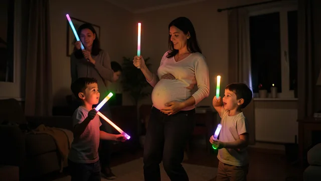 Imagem gerada por IA: Família dança em um ambiente escuro com bastões luminosos; a mulher está grávida.