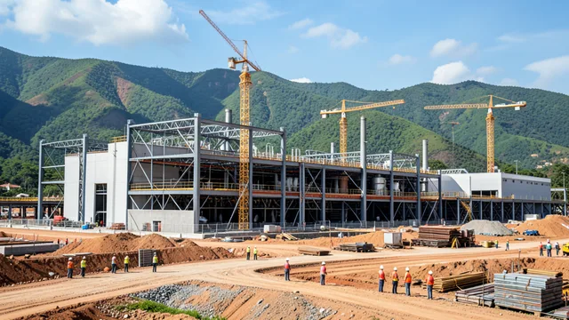 Imagem gerada por IA: Obras de uma fábrica de equipamentos para energia em Pindamonhangaba, com estruturas industriais e guindastes.