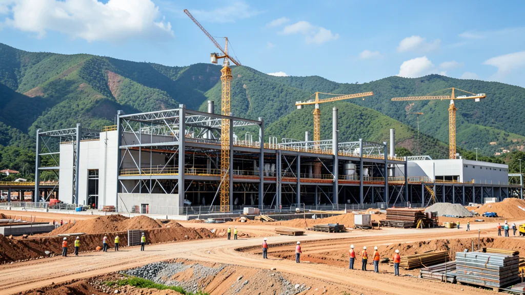 Imagem gerada por IA: Obras de uma fábrica de equipamentos para energia em Pindamonhangaba, com estruturas industriais e guindastes.