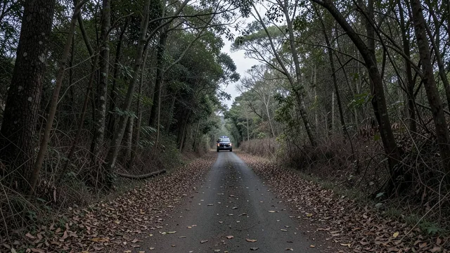 Imagem gerada por IA: Estrada rural cercada por árvores, com uma viatura ao fundo.
