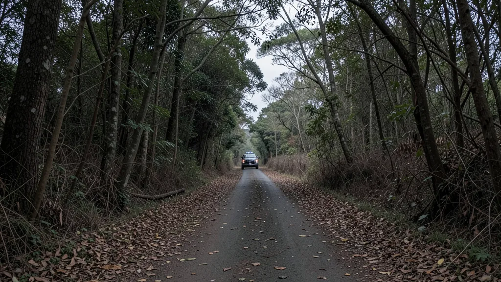 Imagem gerada por IA: Estrada rural cercada por árvores, com uma viatura ao fundo.