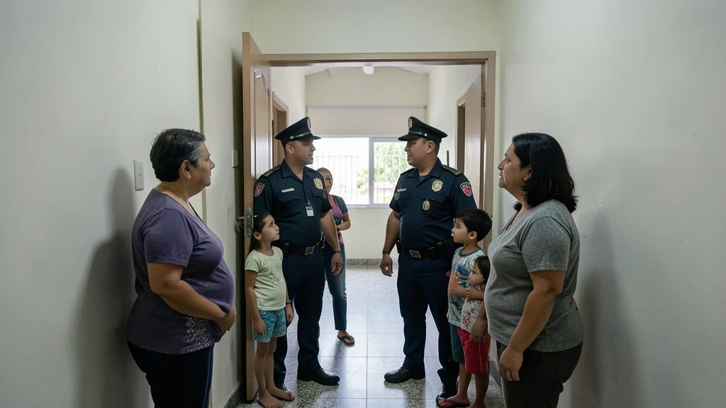 Imagem gerada por IA: Guardas municipais conversam com familiares diante da porta de um apartamento.