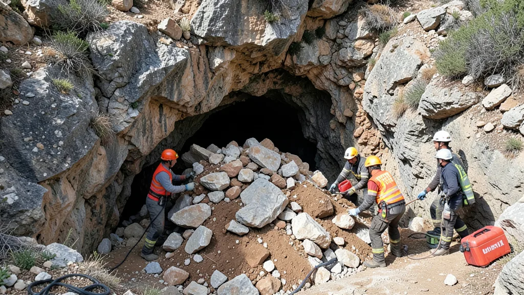Imagem gerada por IA: Socorristas removem pedras e terra de uma entrada de caverna na Sardenha.