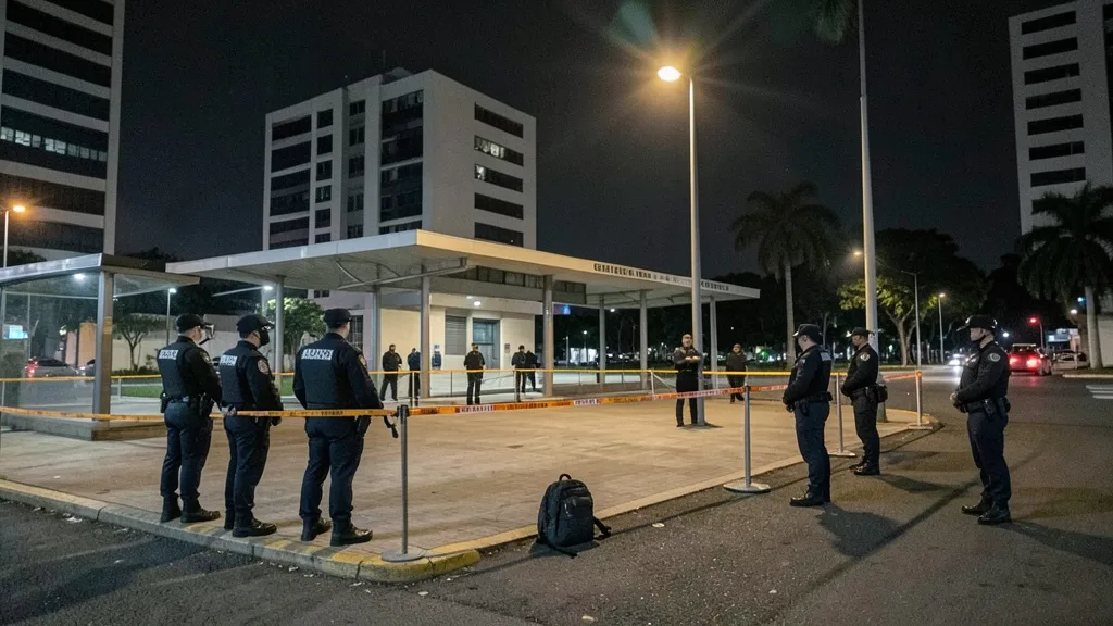 Policiais isolam um ponto de ônibus próximo ao STF, onde uma mochila é investigada.