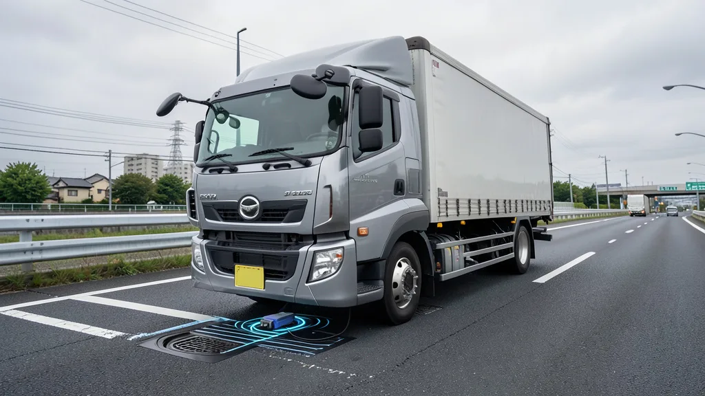 Imagem gerada por IA: Caminhão elétrico trafega por uma rodovia japonesa com sistema de recarga instalado sob o pavimento.