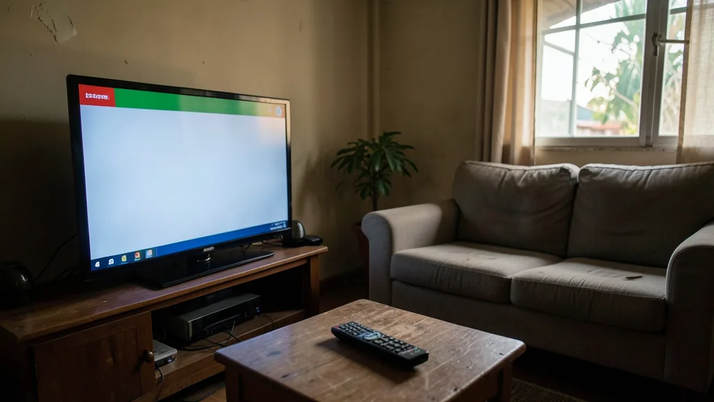 Televisão ligada em uma sala vazia durante um programa eleitoral, com controle remoto sobre a mesa.